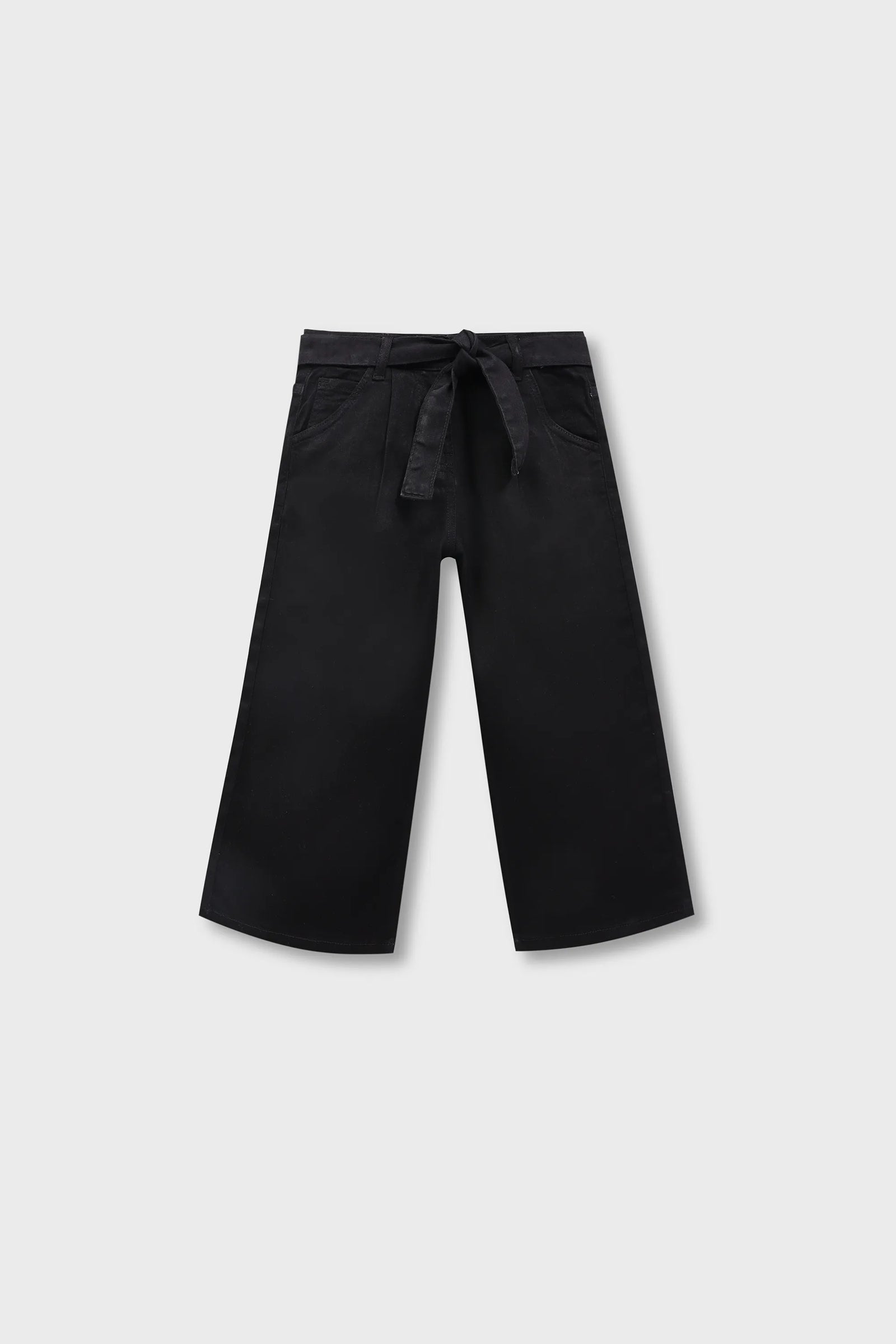 Girls Black Denim Belted Wide-Leg Jeans
