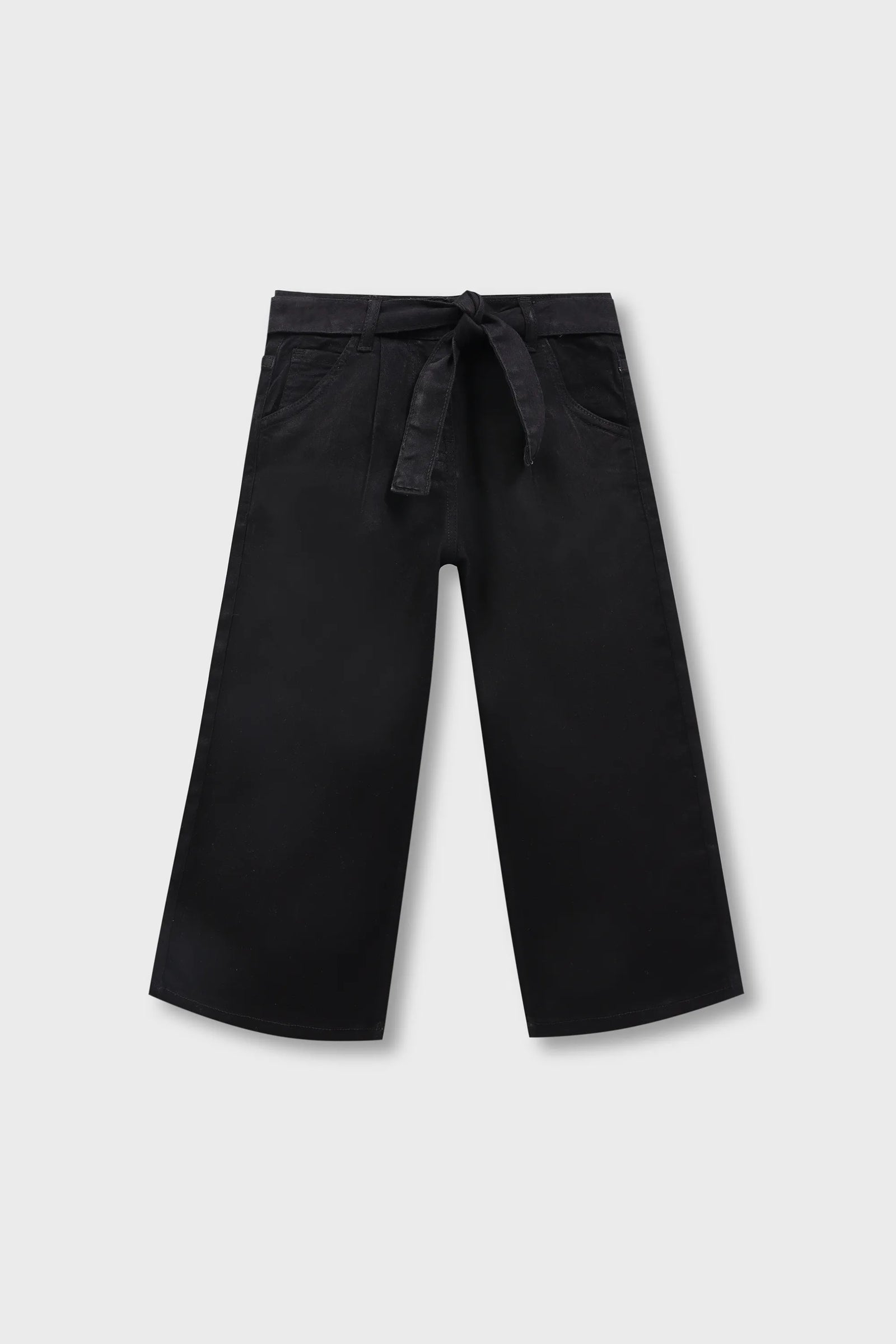 Girls Black Denim Belted Wide-Leg Jeans