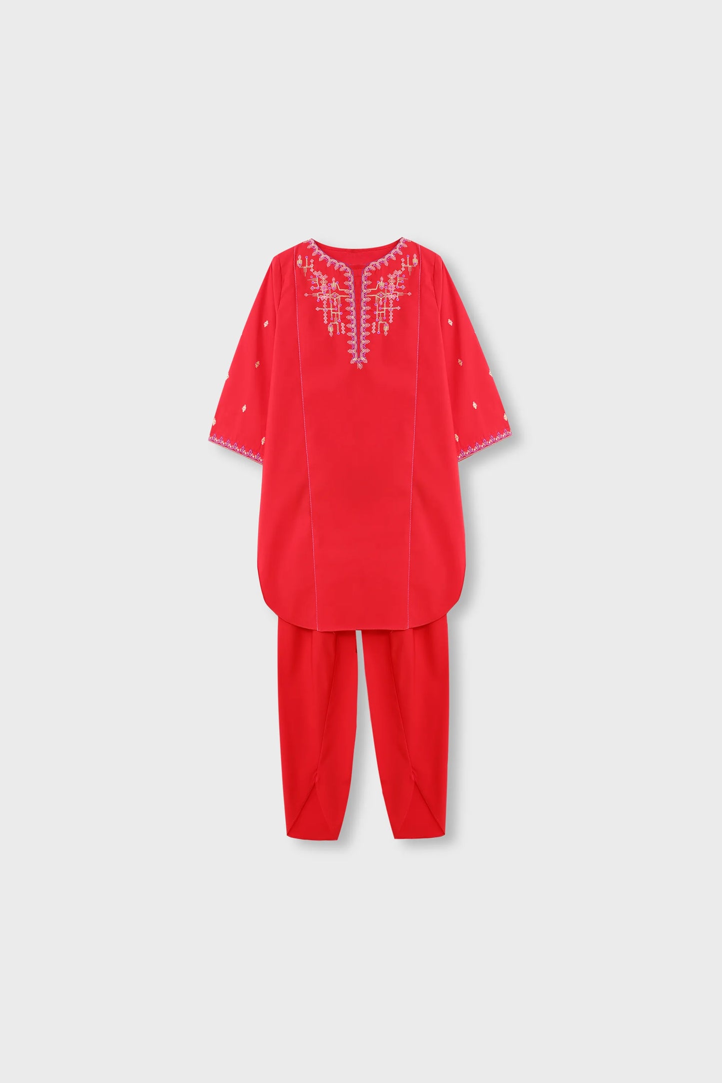 Festive Red Embroidered Cotton Kurta Shalwar - 2pc