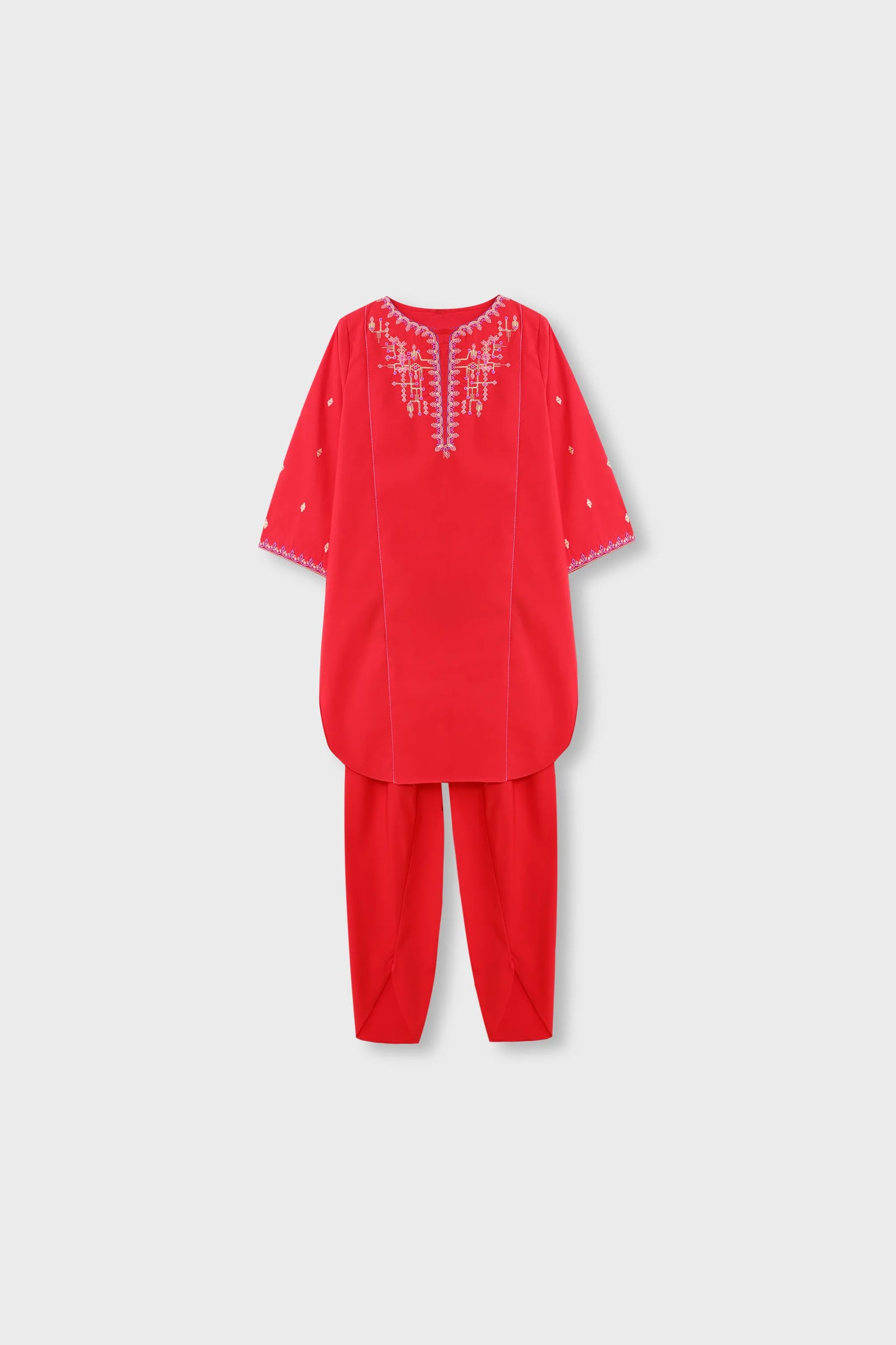 Festive Red Embroidered Cotton Kurta Shalwar - 2pc