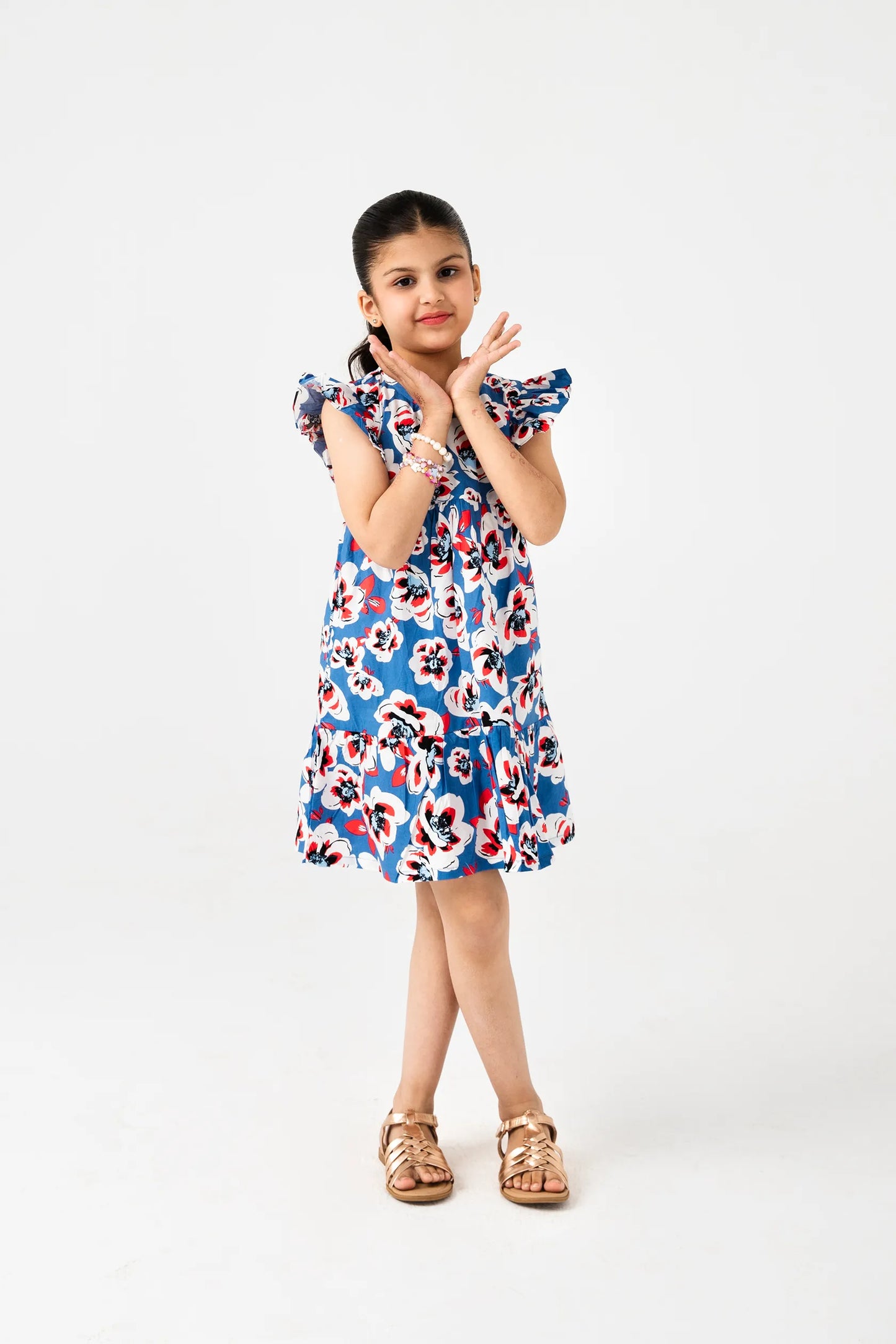 Blue Floral Frill Cotton Dress