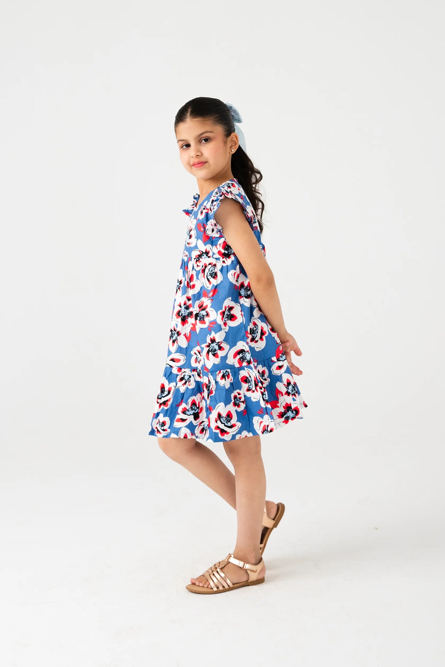 Blue Floral Frill Cotton Dress