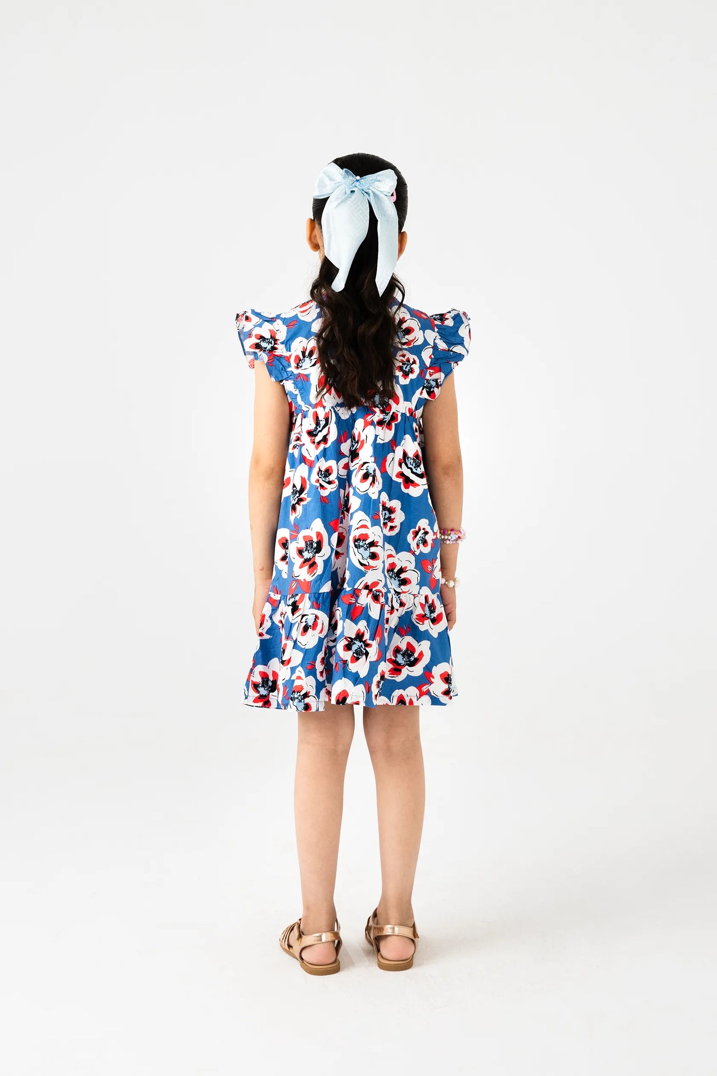 Blue Floral Frill Cotton Dress