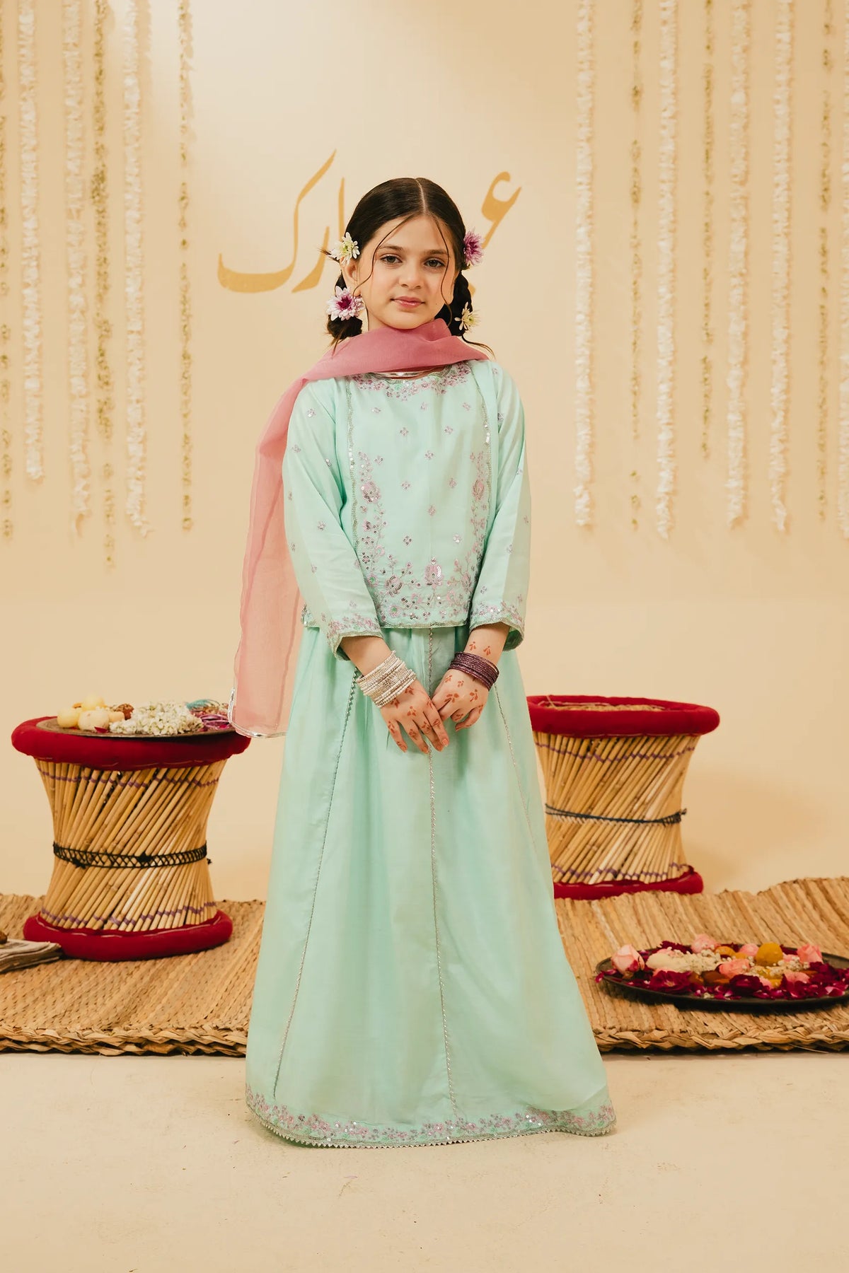 Vestito Kameez Shalwar Per Bambina – Rosa In Rete Con Ricami – Abito Asiatico Indiano Pakistano - Foto 3
