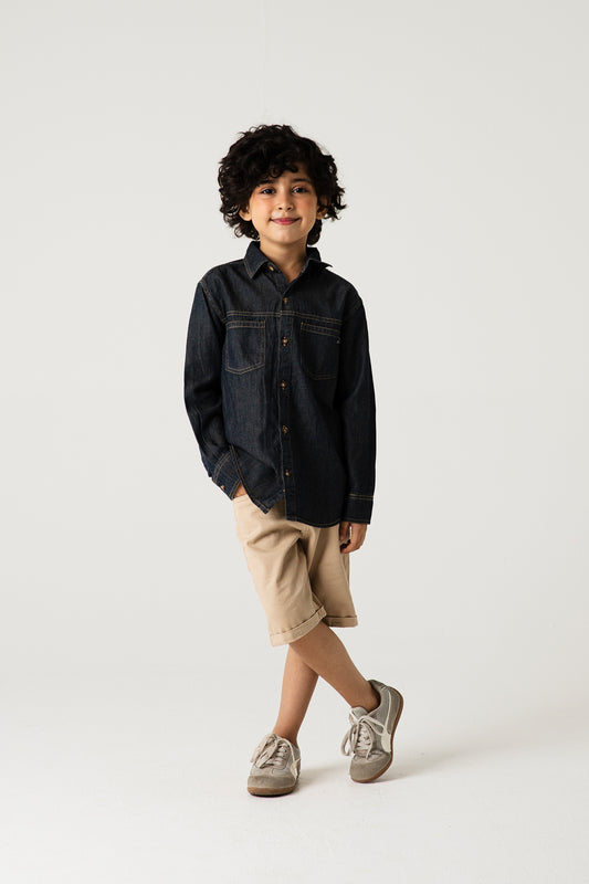 Boys Blue Denim Patch Pocket Shirt