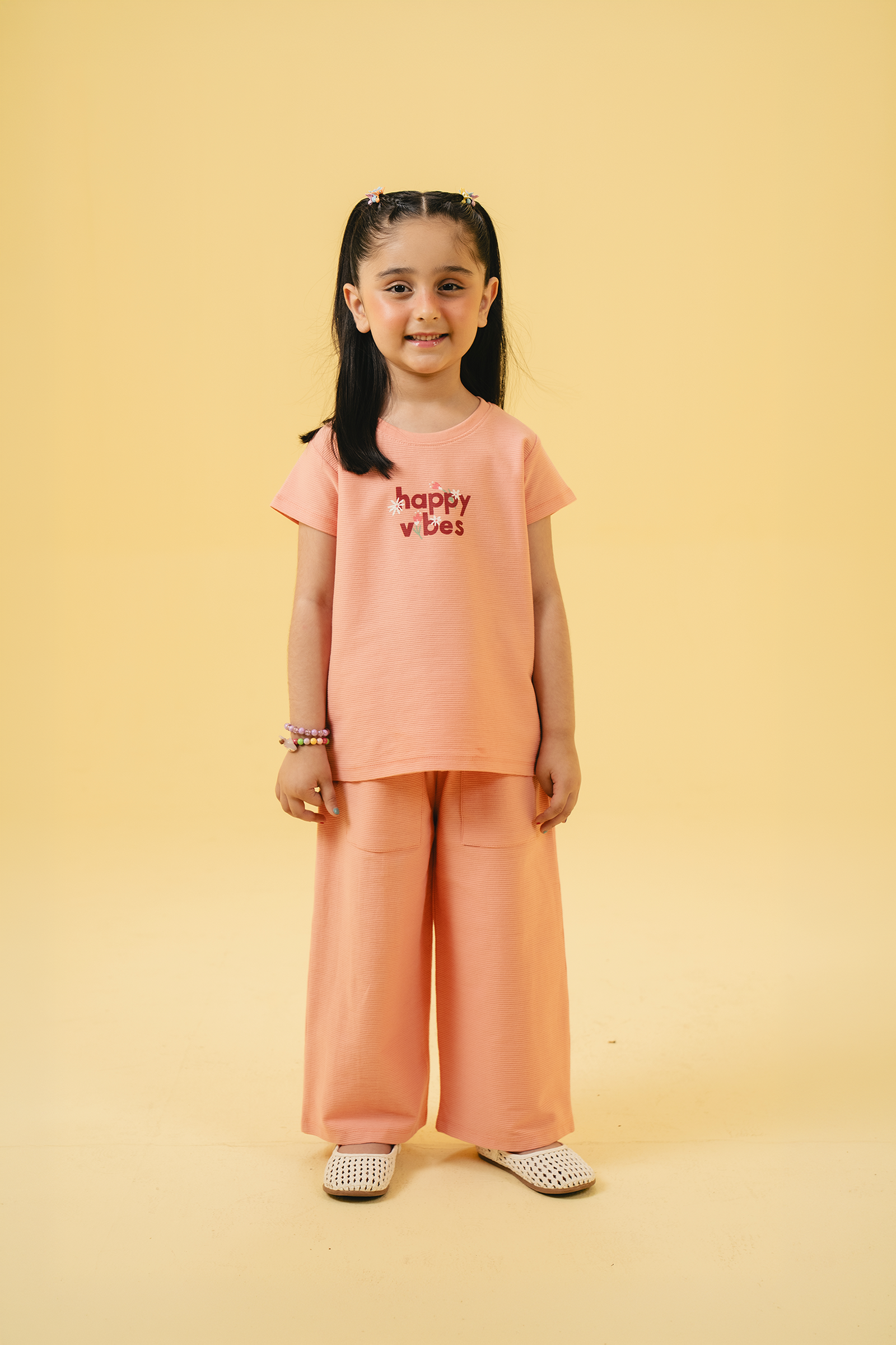 Girls Peach Happy Vibes Co-ord Set