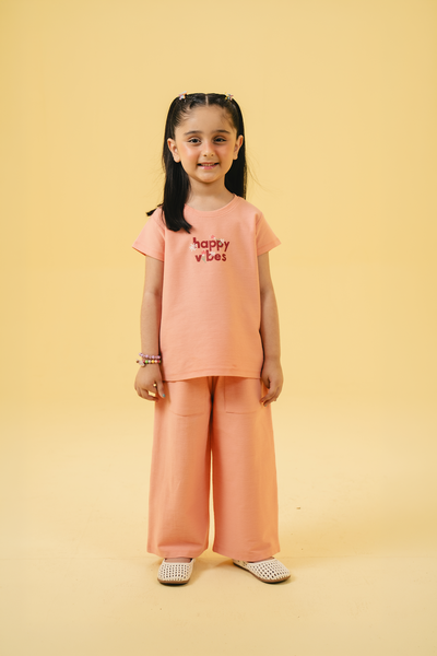 Girls Peach Happy Vibes Co-ord Set