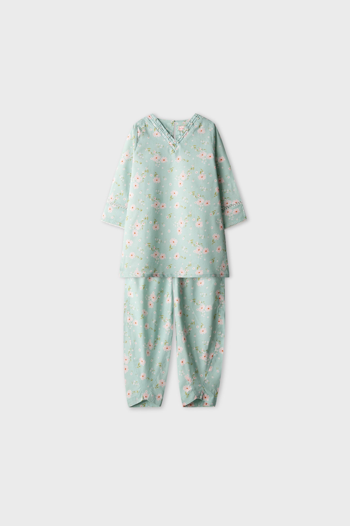Pearly Pista Floral Cotton Kurta Shalwar - 2pc
