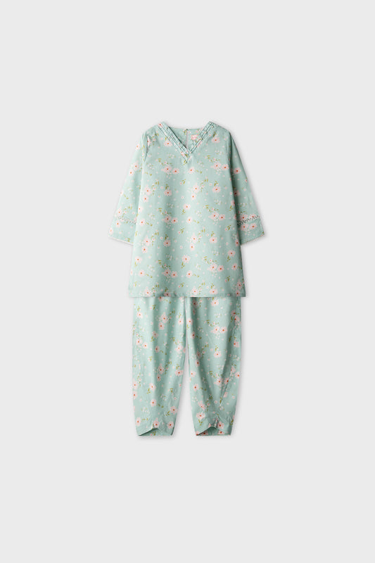 Pearly Pista Floral Cotton Kurta Shalwar - 2pc