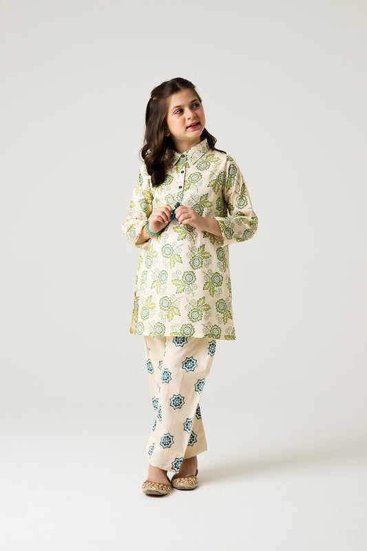 Off-White Printed Kurta Shalwar - 2pc