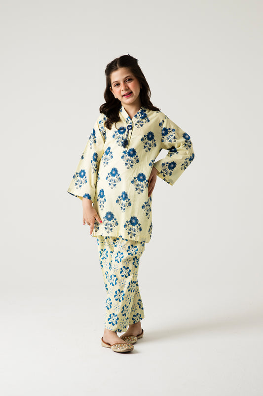 Off-White Blue Floral Kurta Shalwar - 2pc