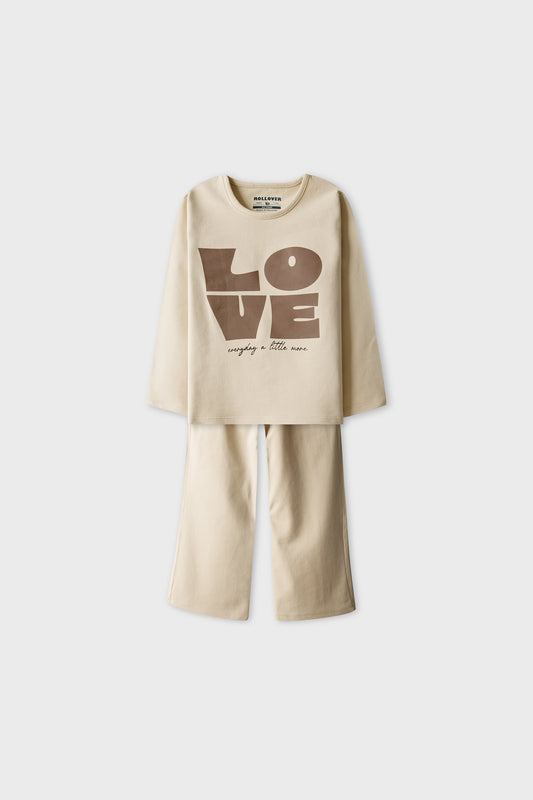Girl Light Beige Love Co-ord Set
