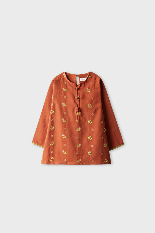 Golden Maroon Embroidered Cotton Top