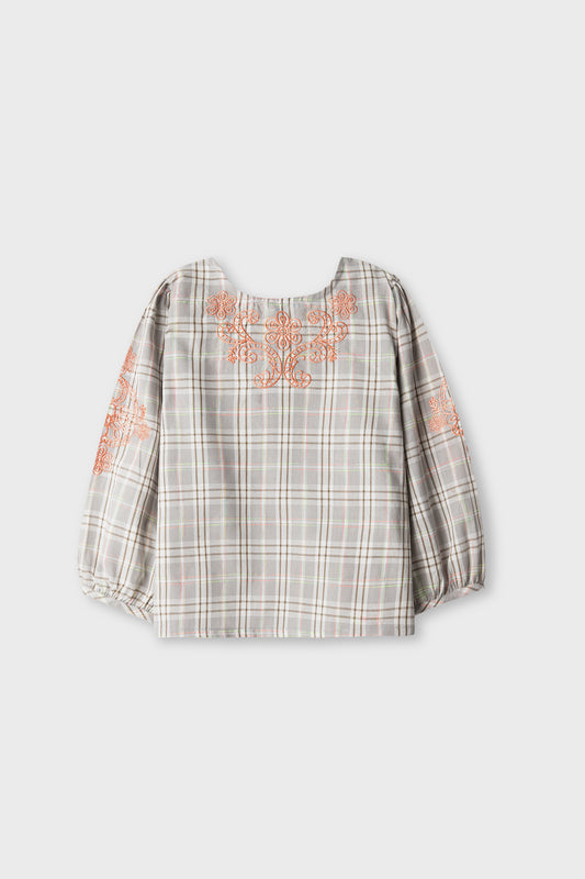 Autumn Check Embroidered Cotton Top
