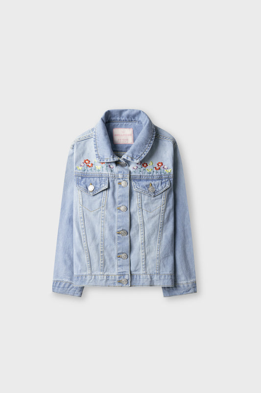 Girls Floral Embroidered Sky Denim Jacket