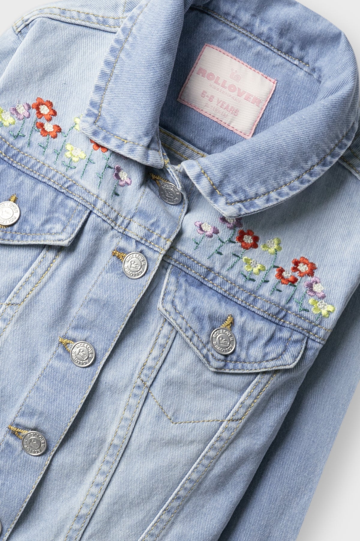 Girls Floral Embroidered Sky Denim Jacket
