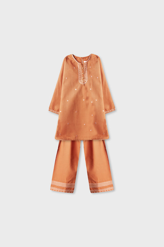 Rust Artisan Embroidered Kurta Shalwar - 2pc