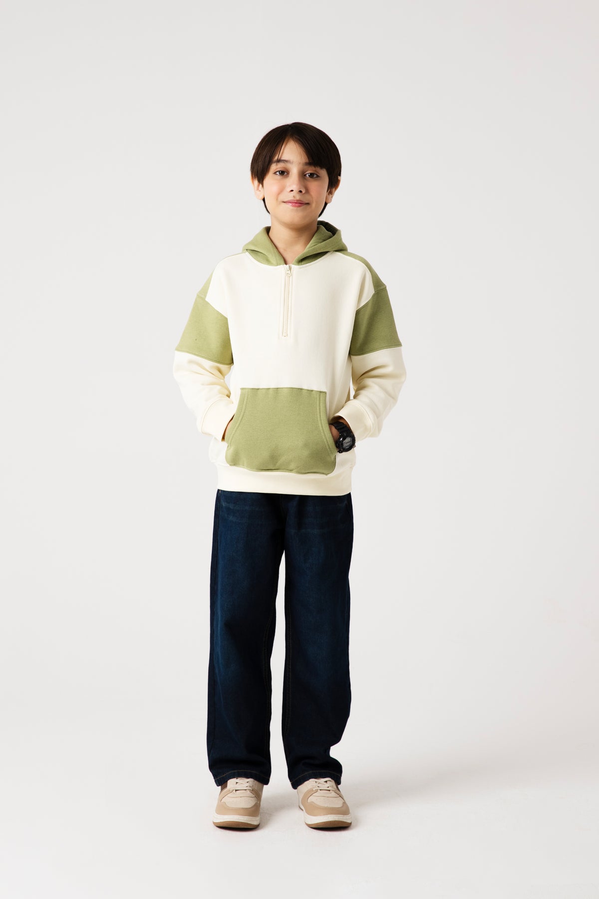 Boys Olive Contrast Fleece Hoodie