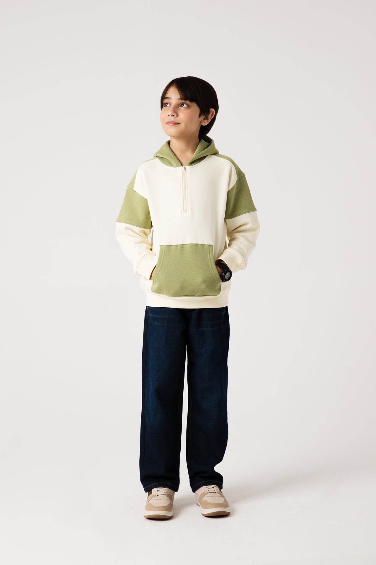 Boys Olive Contrast Fleece Hoodie