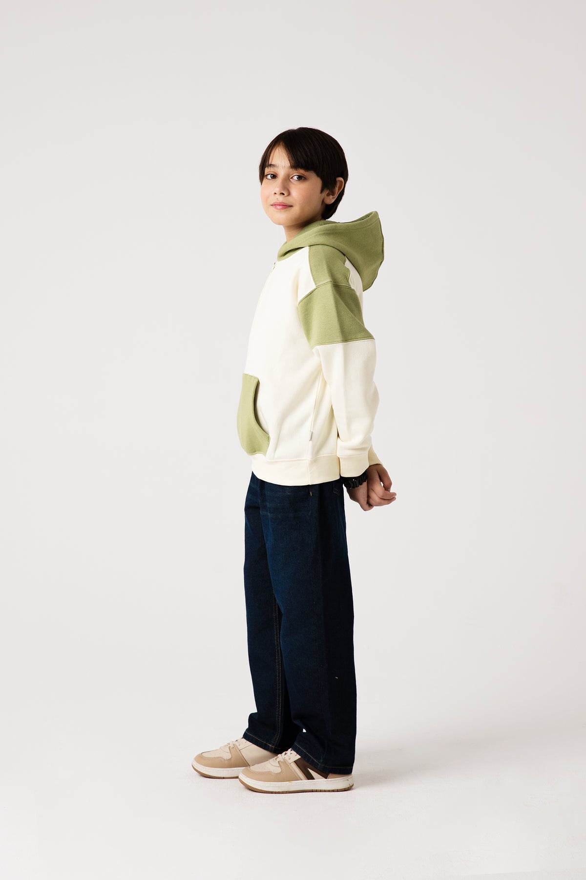 Boys Olive Contrast Fleece Hoodie
