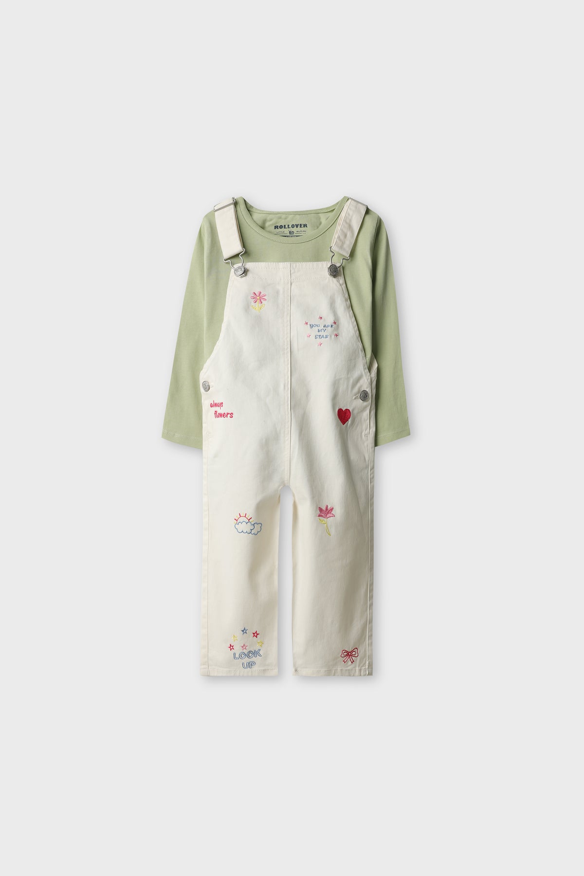 Girls Mint Blossom Embroidered Dungaree Set
