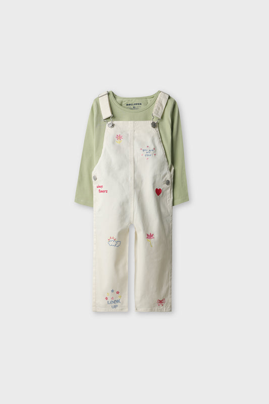 Girls Mint Blossom Embroidered Dungaree Set