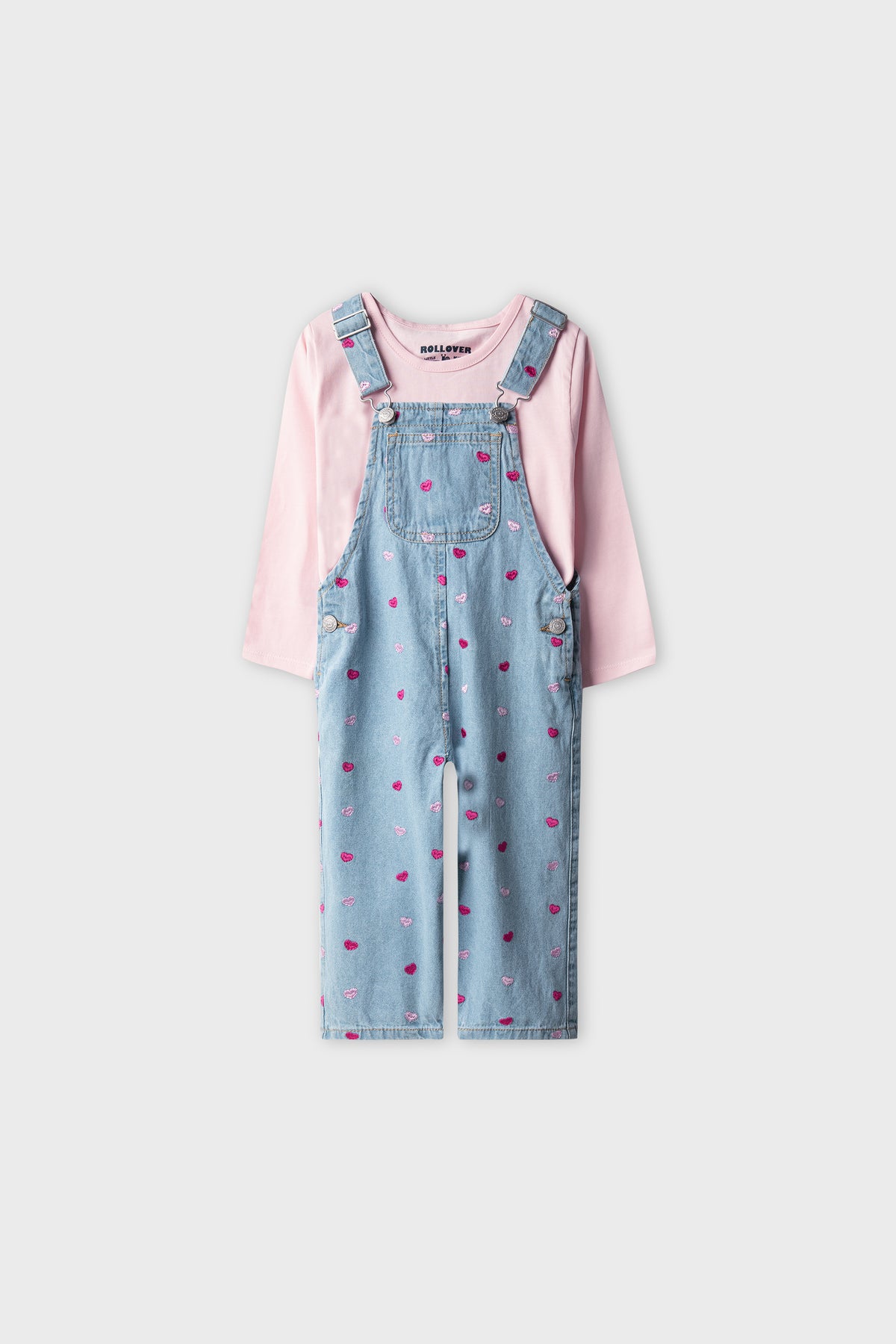 Girls Blush & Blue Embroidered Dungaree Set