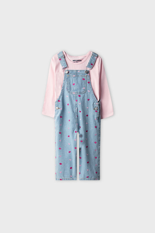 Girls Blush & Blue Embroidered Dungaree Set