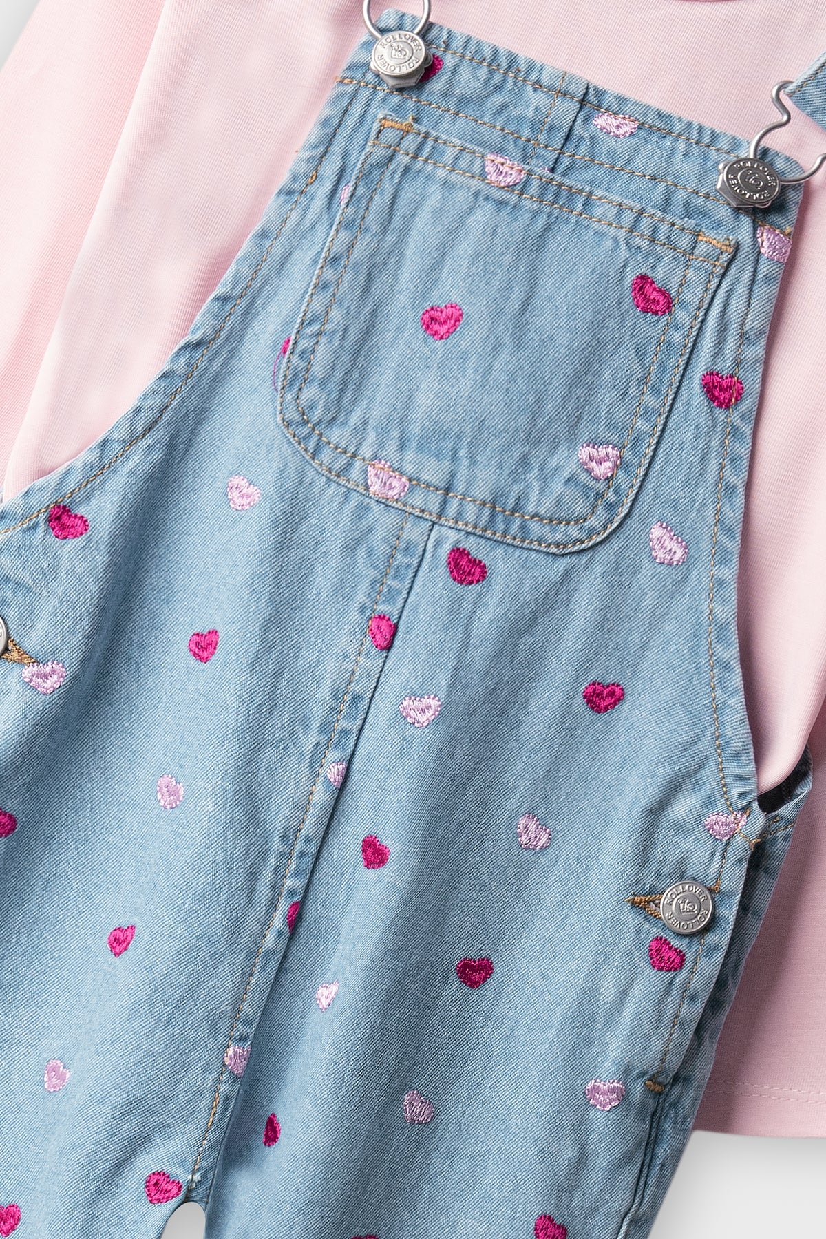 Girls Blush & Blue Embroidered Dungaree Set