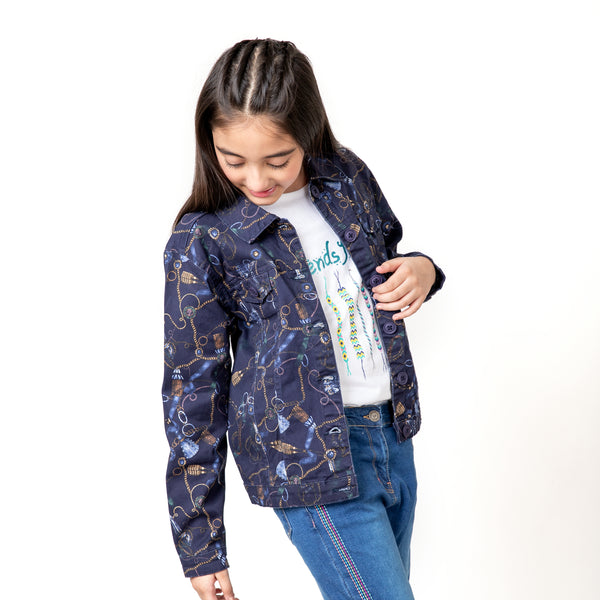 Navy Printed Twill Girls Jacket