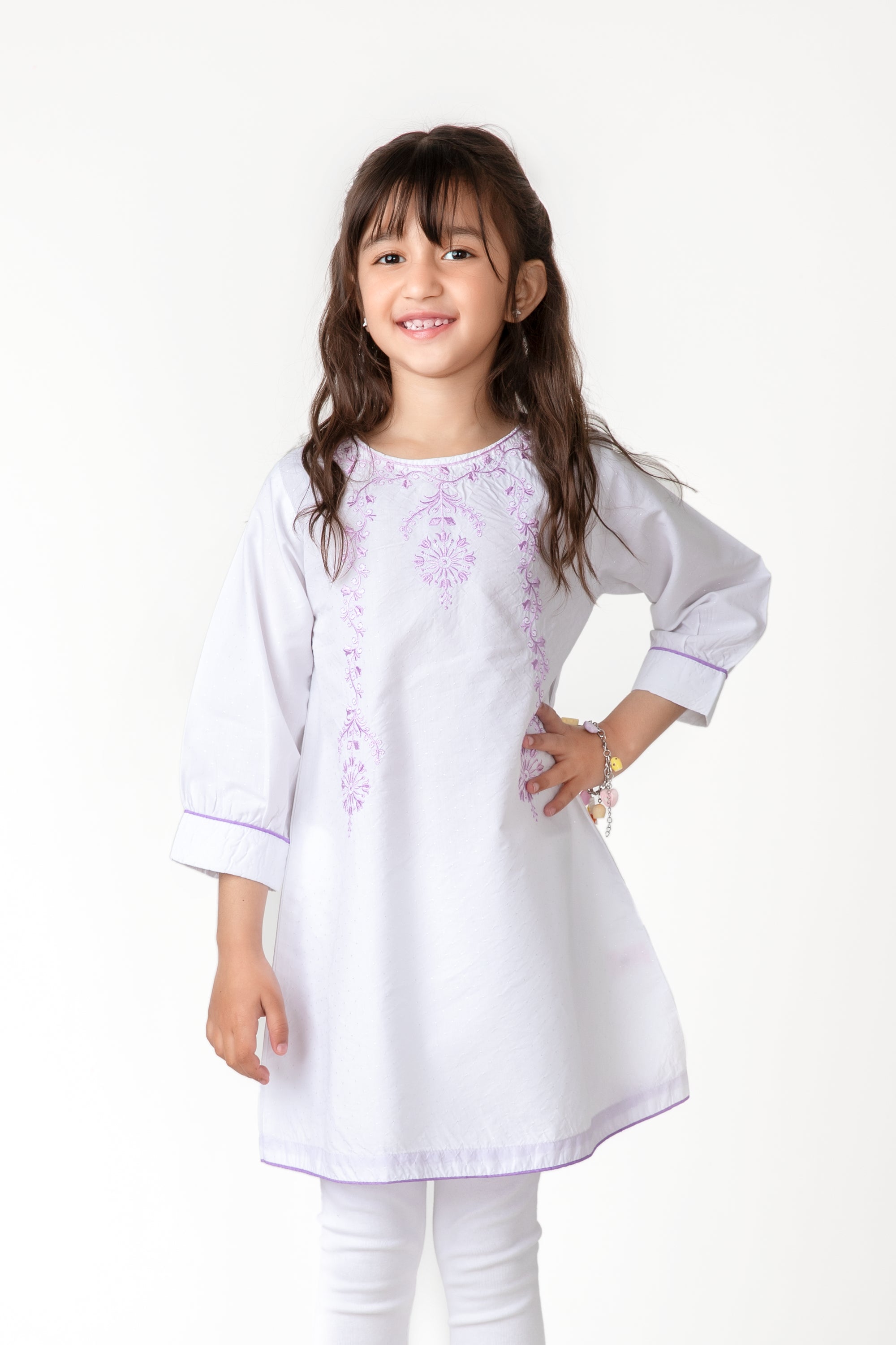 Light Lilac Embroidered White Kurti For Girls
