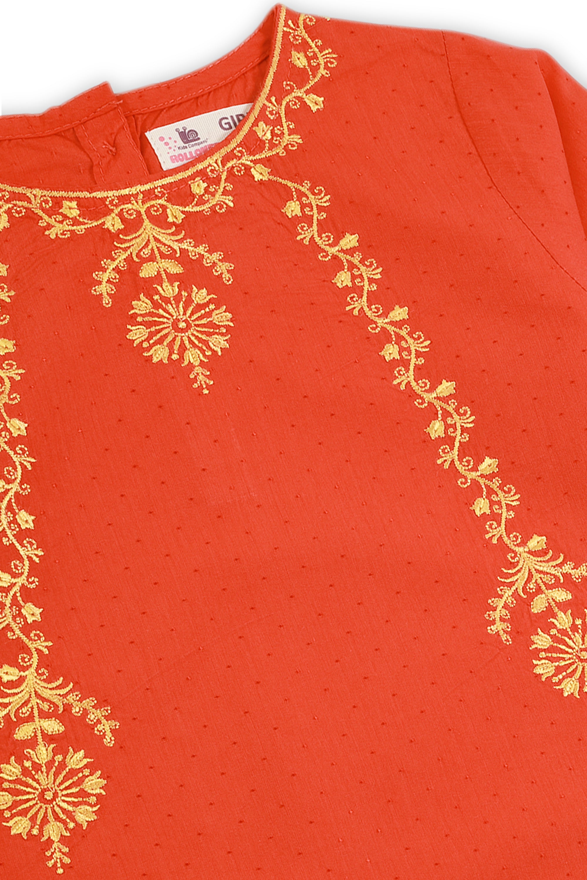 Harvest Gold Embroidered Orangey Red Kurti for Girls