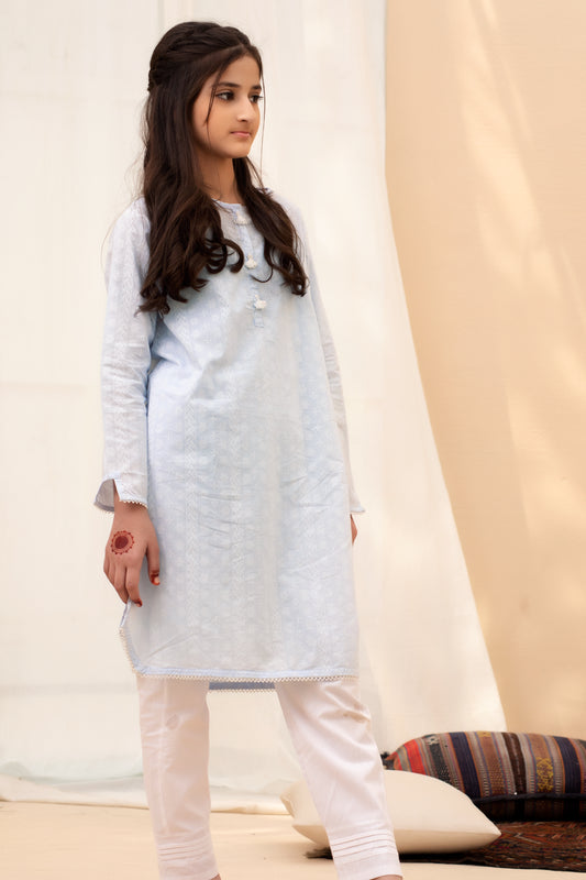 White on Ice Blue Girls Kurta Set