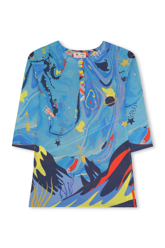 Girls Blue Digital Printed Kurti