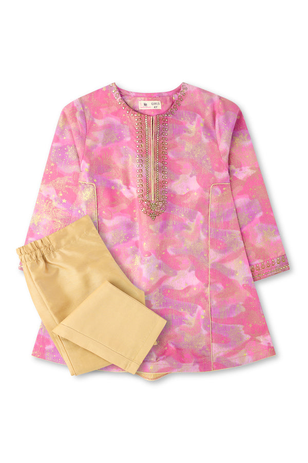 Girls Glitter Pink Shirt Trouser Set